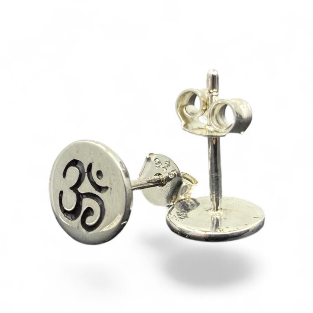 OM Disc Stud Post Earrings 925 Sterling Silver Stamped Aum Yoga Meditation